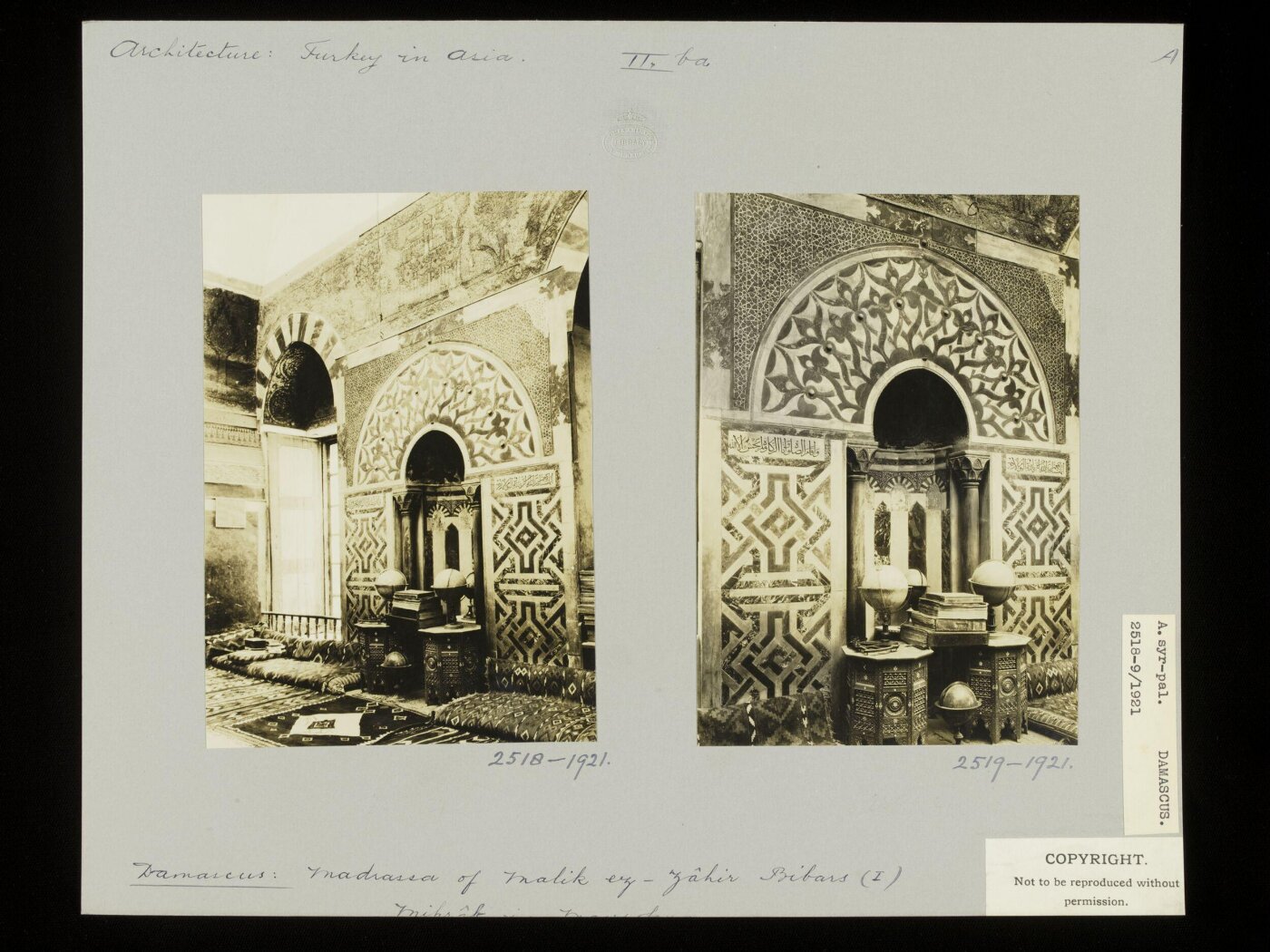 K.A.C. Creswell, Mihrab in mausoleum at Madrasa al-Zahiriyya, Damascus