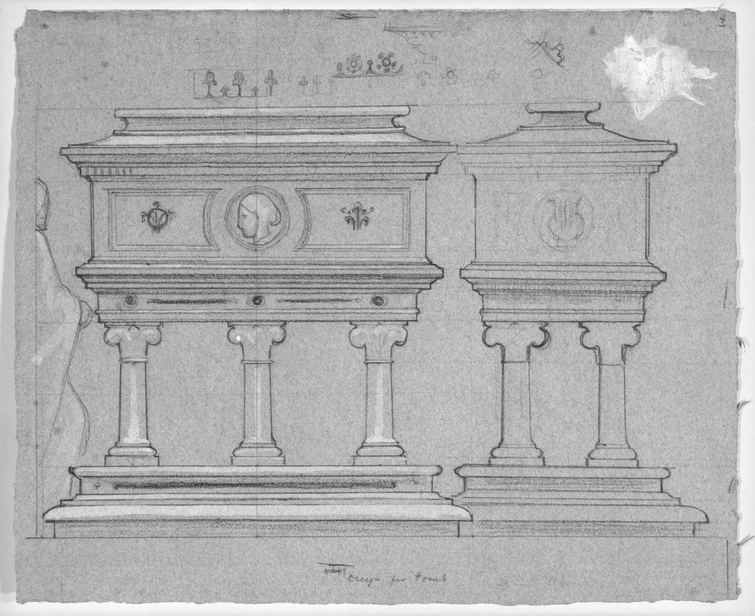 Studies for Mrs Browning's Tomb at Florence, side and end elevation with some small details of ornament, Frederic Lord Leighton, ок. 1861