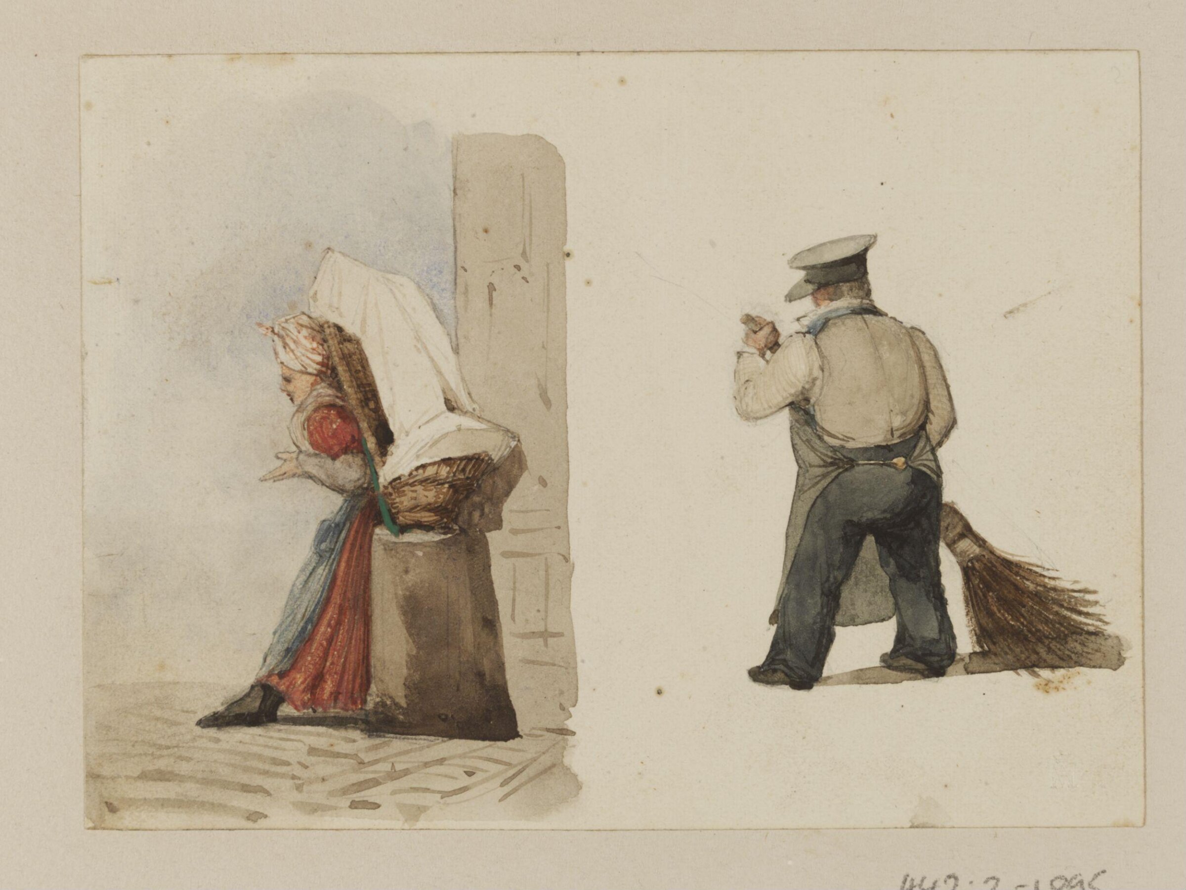 A woman resting a load on a post and a man  sweeping, Ambrose Poynter, 1835