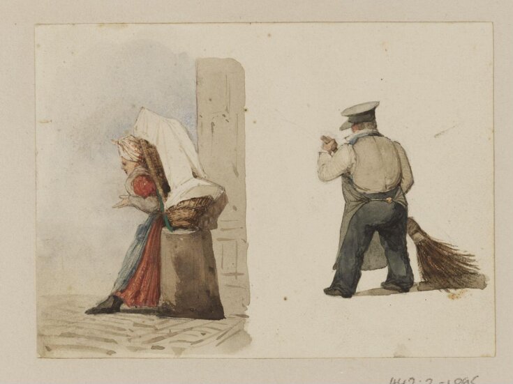 A woman resting a load on a post and a man  sweeping top image