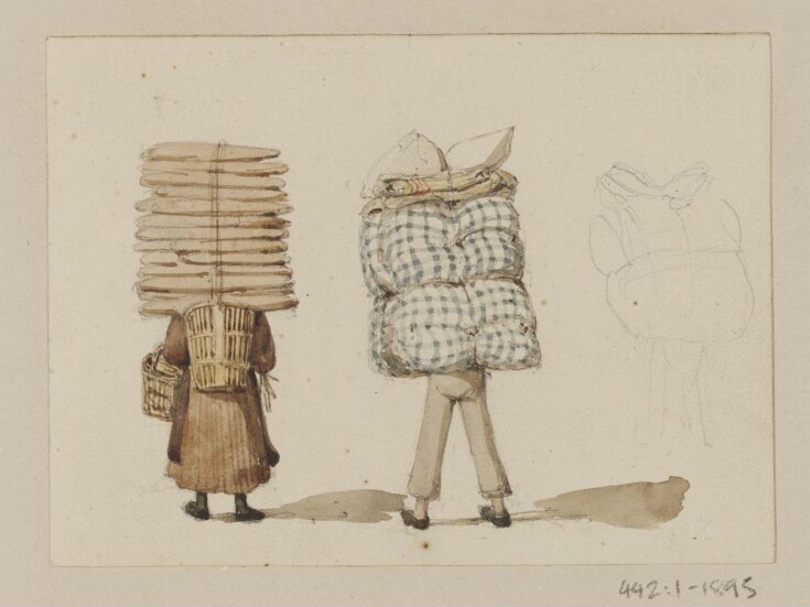 A man with bedding on his back and a woman carrying long loaves top image