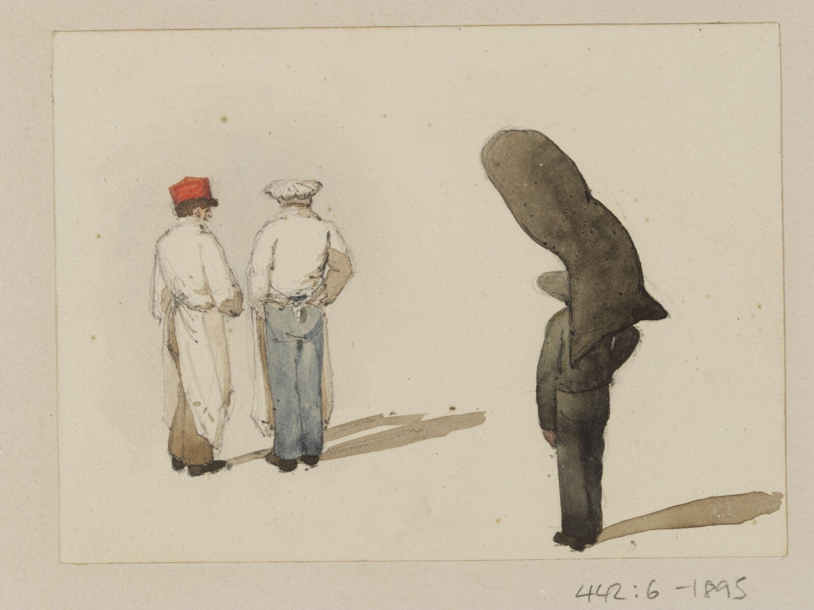 Three men standing, one with a load, Ambrose Poynter, 1835