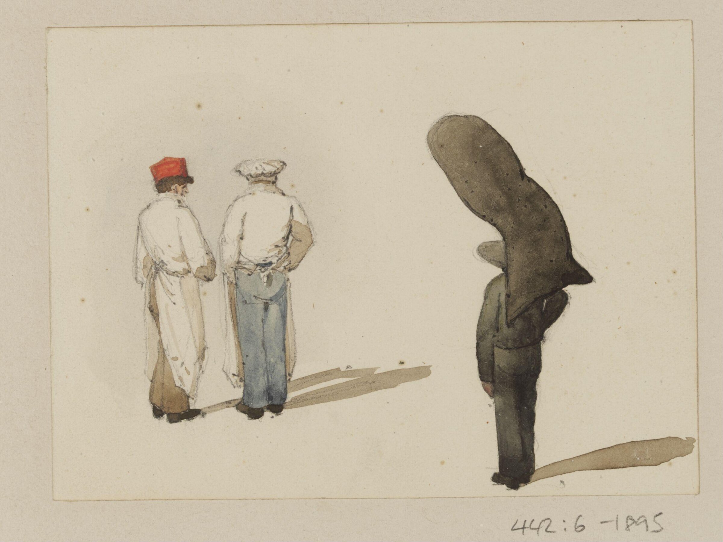 Three men standing, one with a load, Ambrose Poynter, 1835
