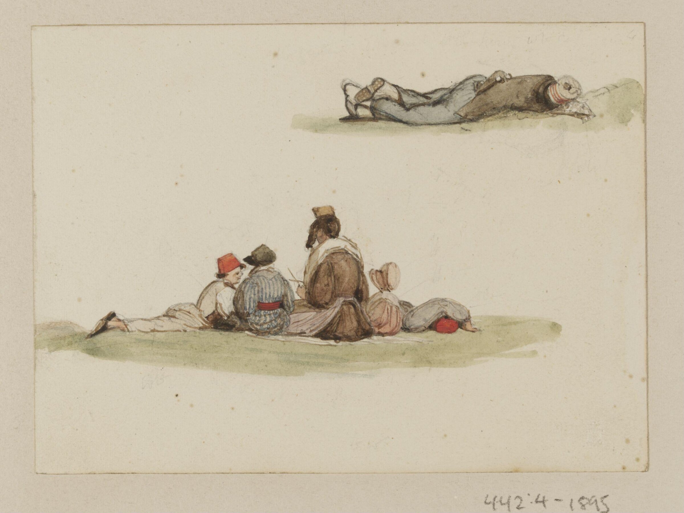 Figures seated and lying on the ground, Ambrose Poynter, 1835