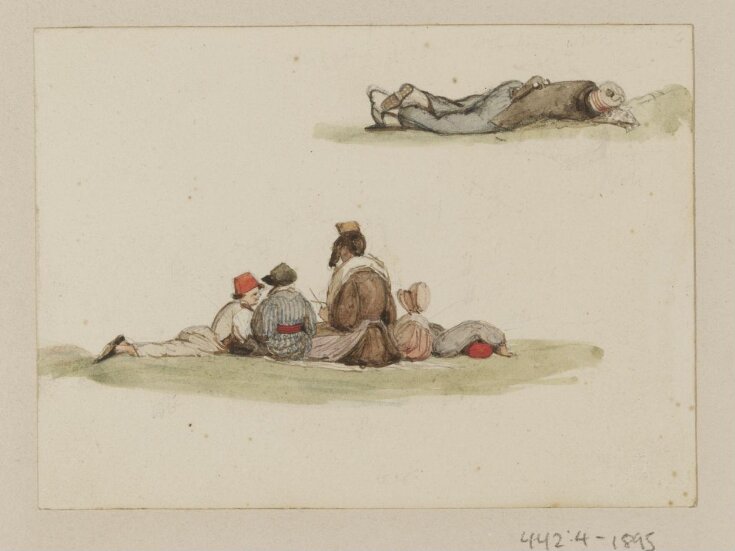 Figures seated and lying on the ground top image