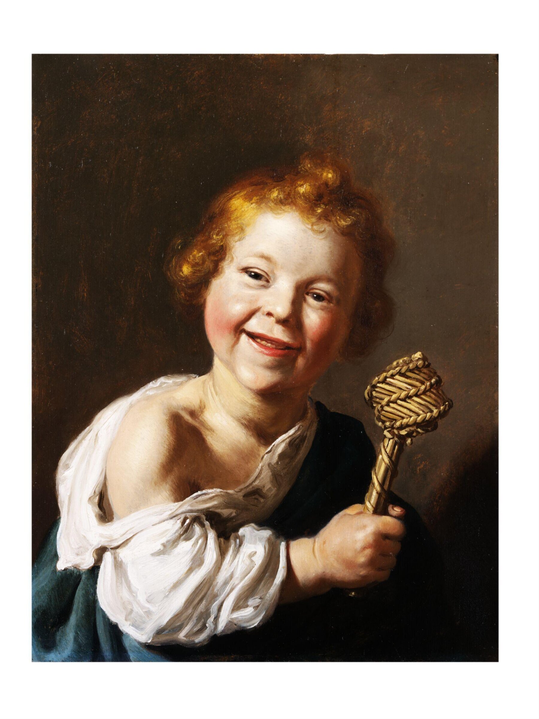A laughing child holding a wicker rattle, Jan de Bray, mid 17th century
