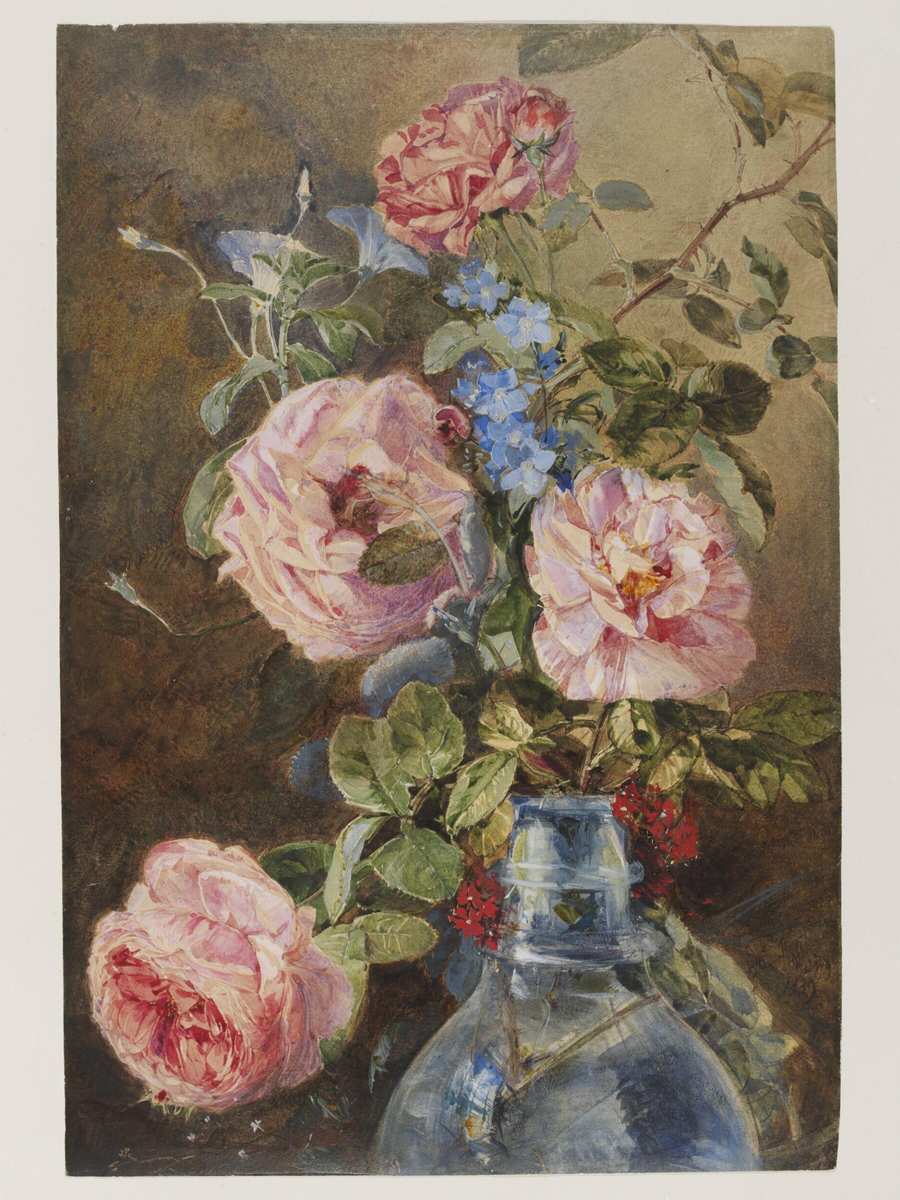 Roses, Convolvulus and Delphiniums in a Glass Vase, James Holland, 1839