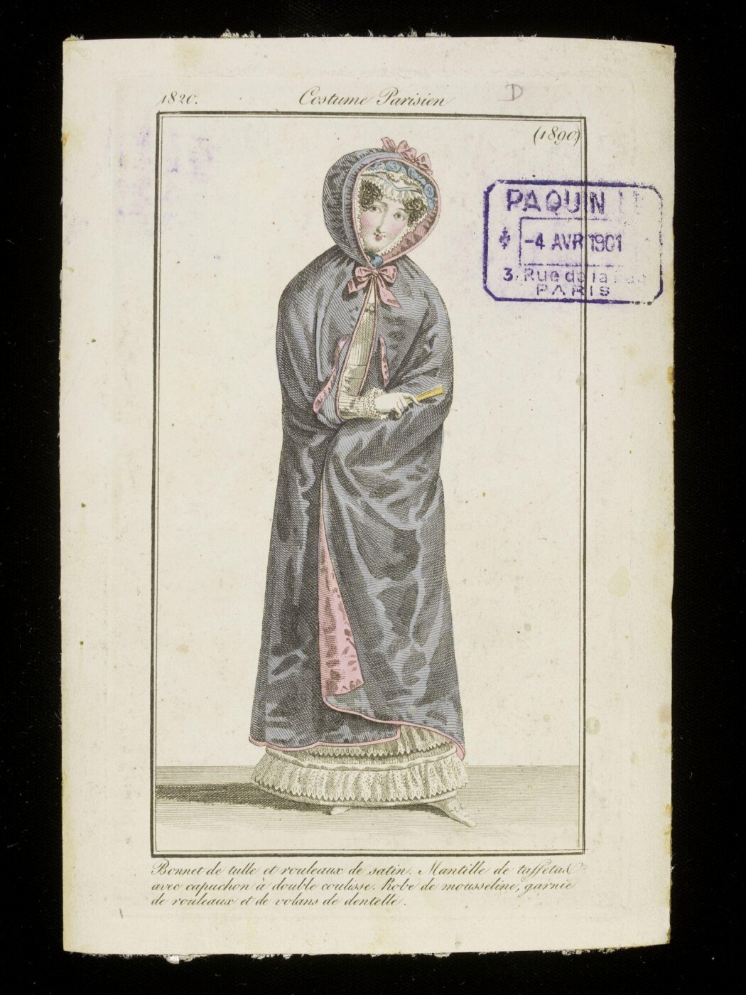 Unknown, Bonnet de tulle et rouleaux de satin. Mantille de taffetas avec capuchon à double coulisse. Robe de mousseline, garnie de rouleaux et de velans de dentelle