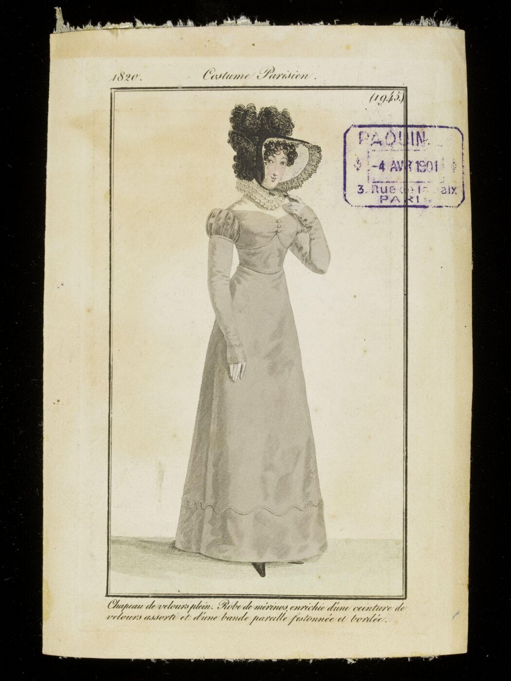 Unknown, Chapeau de velours plein. Robe de mérinos enrichie d'une ceintures de velours assorti et d'une bande pareille festonnée et bordée
