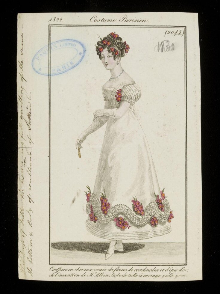 Coeffure en cheveux ornée de fleurs de cardinalia et d'epis d'or, de l'invention de Mr. Albin. Robe de tulle à corsage gallo-grec. top image