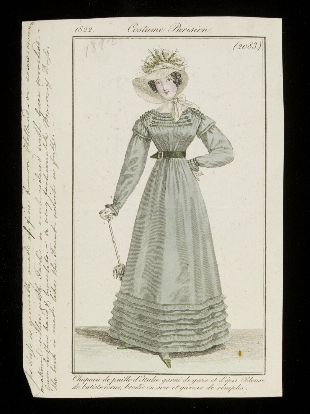 Unknown, Chapeau de paille d'Italie garni de gaze et d'épis. Blouse de batiste écrue, brodée en soie et garnie de remplis.