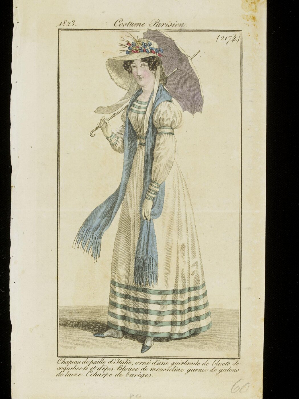 Unknown, Chapeau de paille d'Italie, orné d'une guirlande de bluets de coquelicots et d'épis. Blouse de mousseline garnie de galons de laine. Echarpe de barèges.