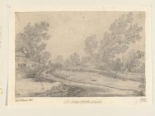 Landscape with a mounted traveller on a roadway leading to a village thumbnail 1