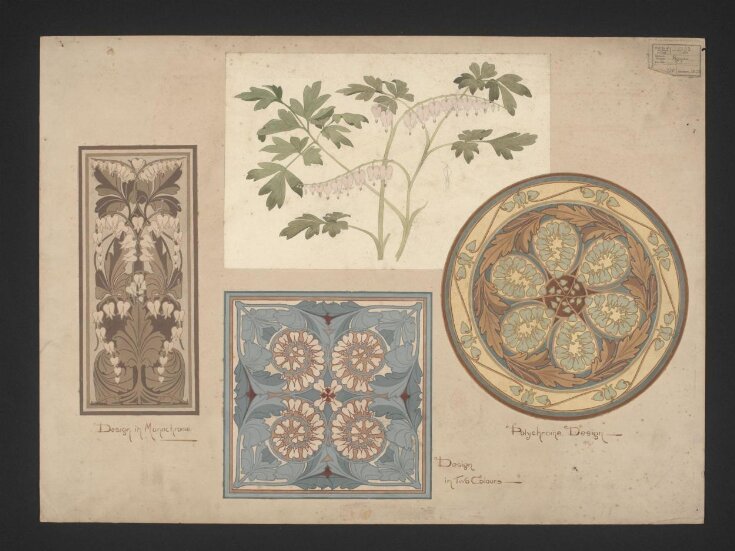 Design in monochrome. Design in two colours. Polychrome design. Four stylized floral designs for ceramics, mounted on one sheet of card for examination. top image