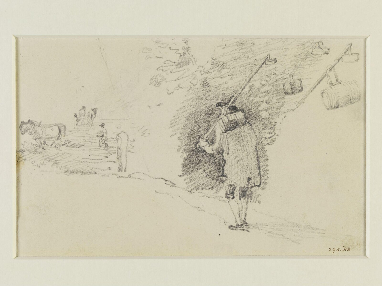 A countryman walking, and two teams harrowing, Constable, c. 1810-19