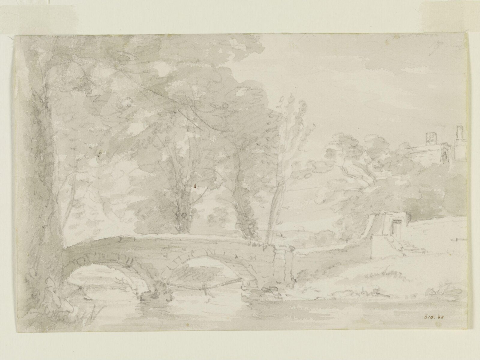 Bridge with trees and buildings, at Haddon, Constable, August 17, 1801