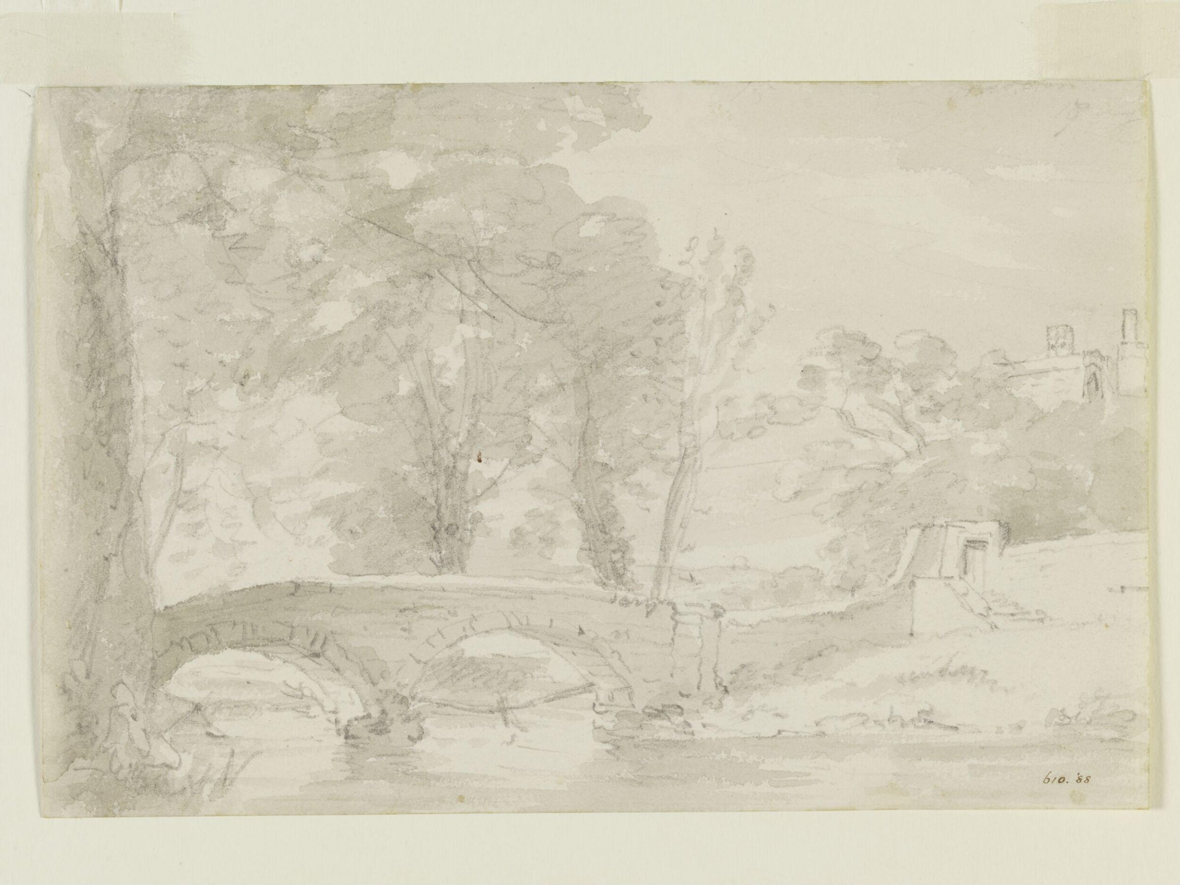 Bridge with trees and buildings, at Haddon, Constable, August 17, 1801