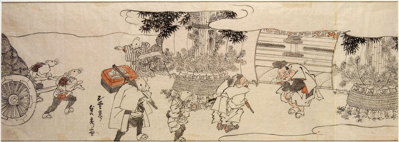 Utagawa Sadahide, Daikoku and rats bringing rice bales to Ebisu