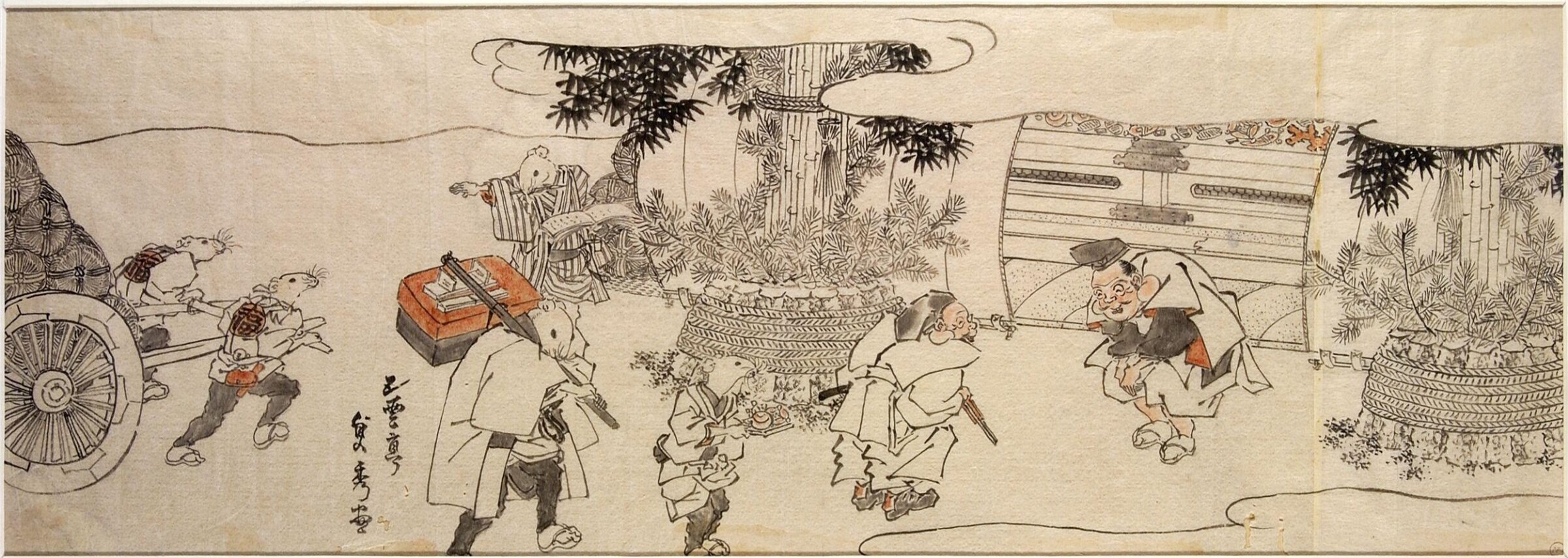 Daikoku and rats bringing rice bales to Ebisu, Utagawa Sadahide, Mid-19th century