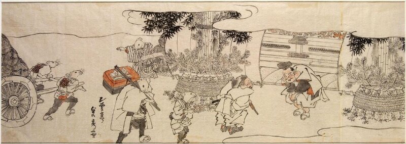  Daikoku and rats bringing rice bales to Ebisu
