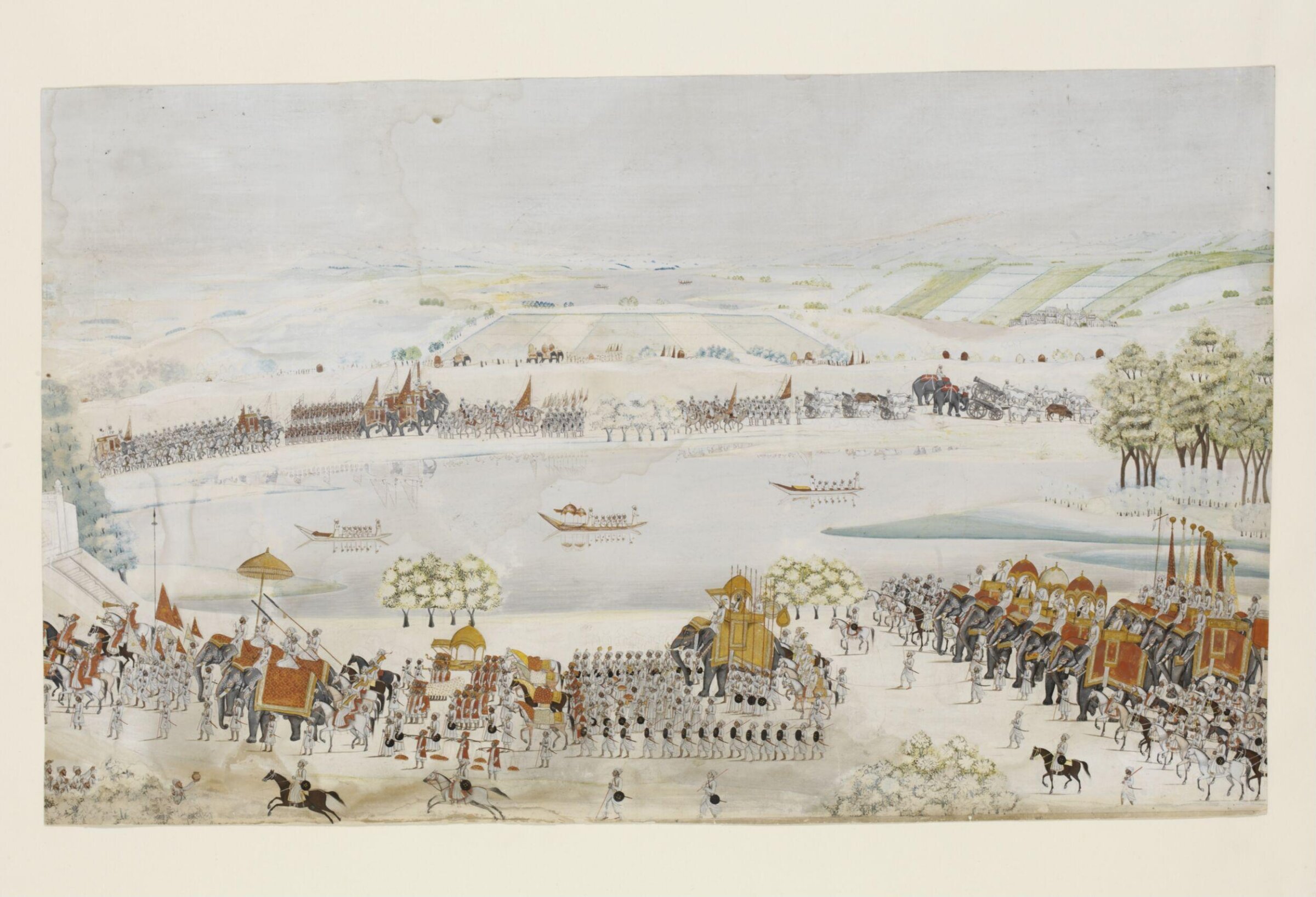 The royal procession of Shah Alam II with his army processing from right to left along the banks of a river., ca. 1790