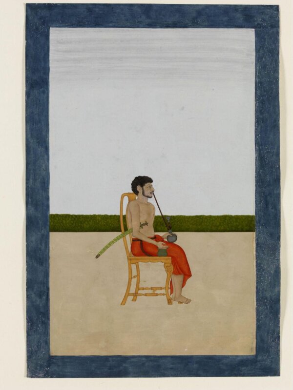 A male member of William Fullerton's household seated on a European chair smoking a 'huqqa' and holding a sword and a 'lota'