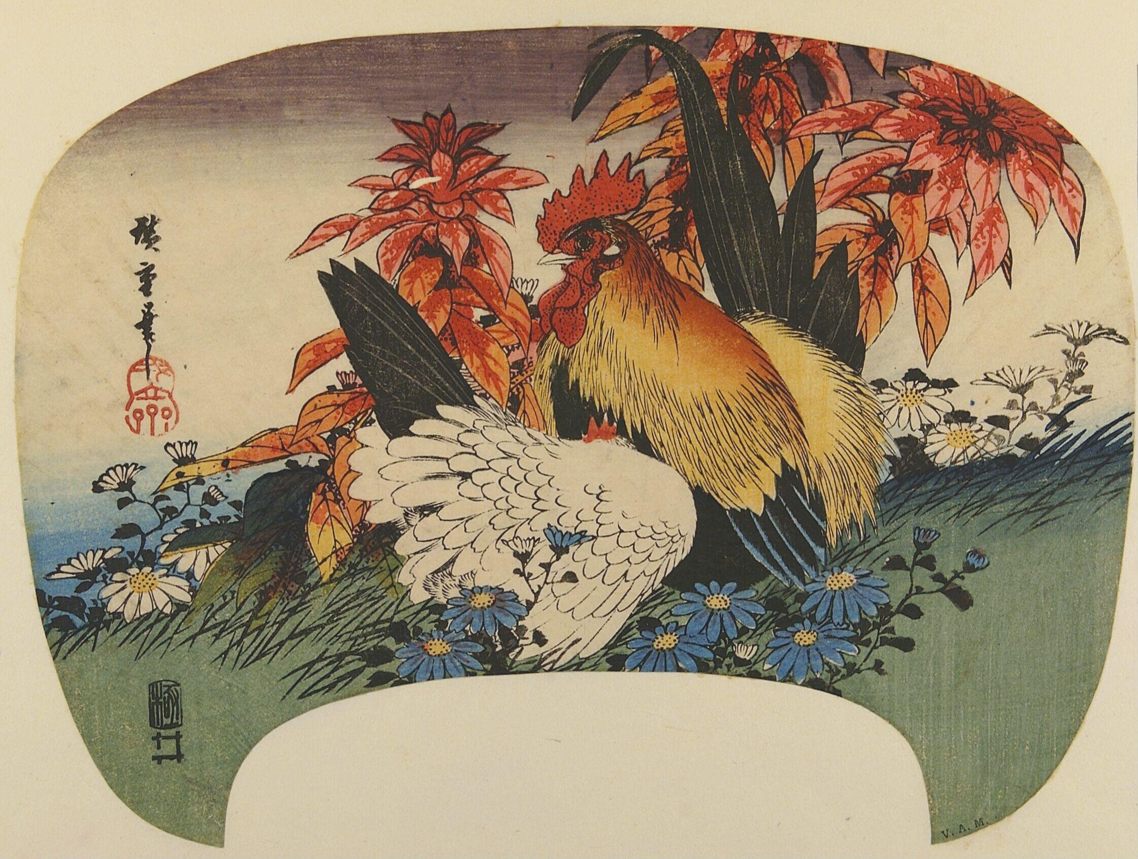 Cockerel, Hen and Autumn Flowers by Utagawa Hiroshige — Japanese Print, 1837