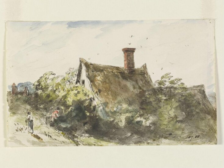A thatched cottage and two figures top image