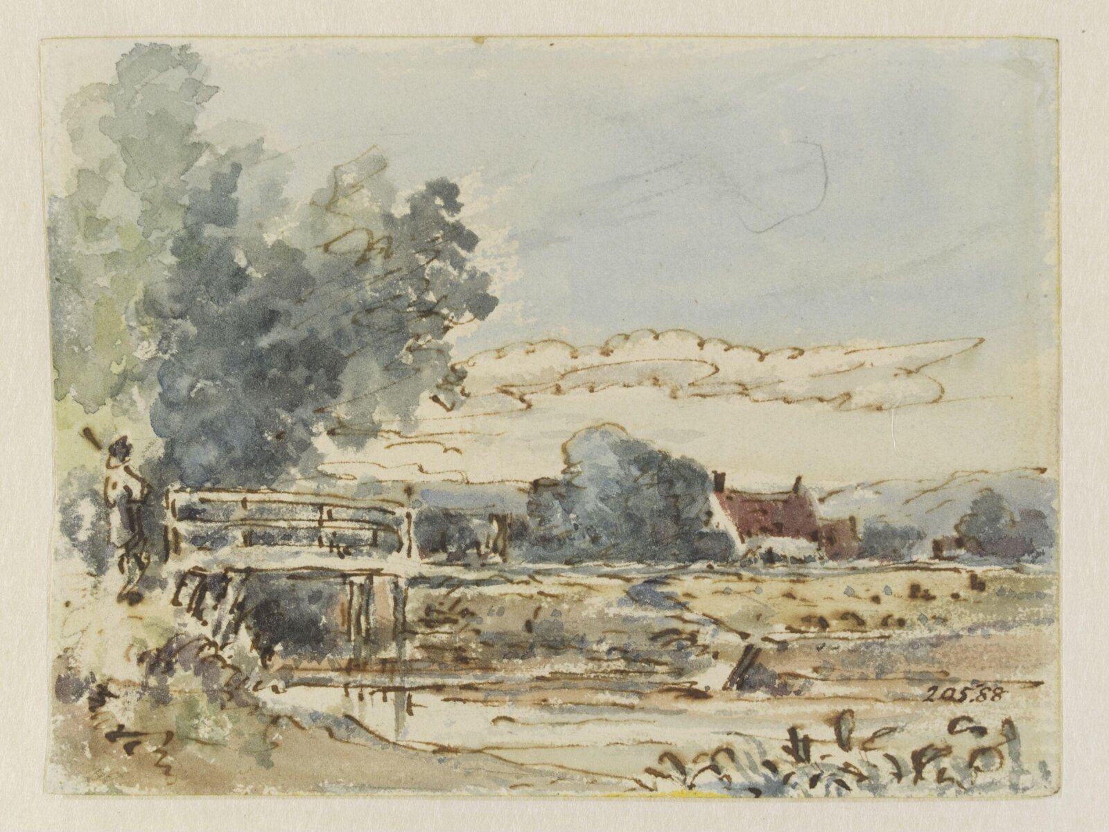 A bridge over a stream, with a cottage behind, John Constable, 1829