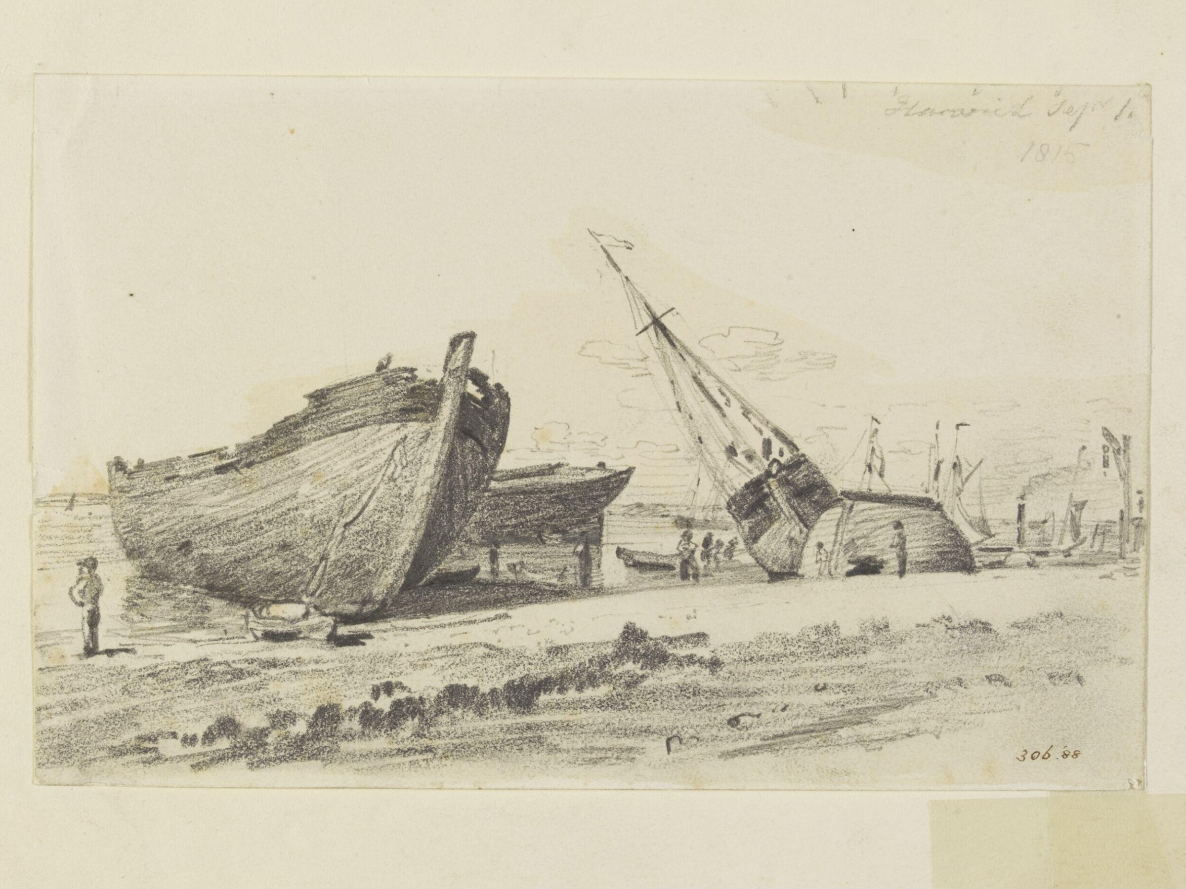 The breakwater at Harwich, with ships on the beach, Constable, 1815, September 1