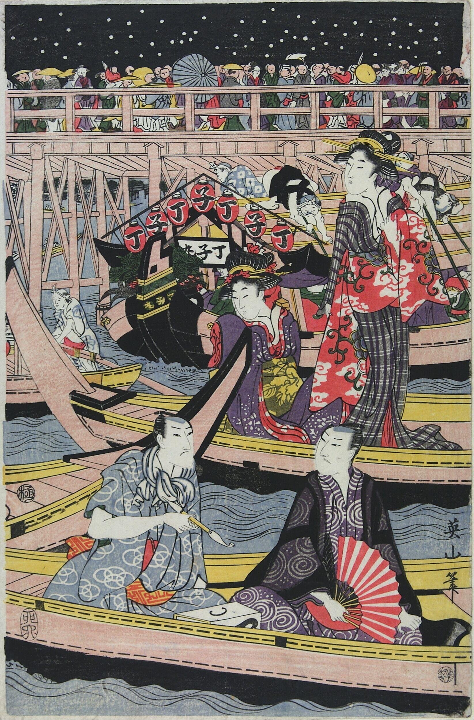 People enjoying fireworks from boats at Ryogoku Bridge by Kikukawa Eizan