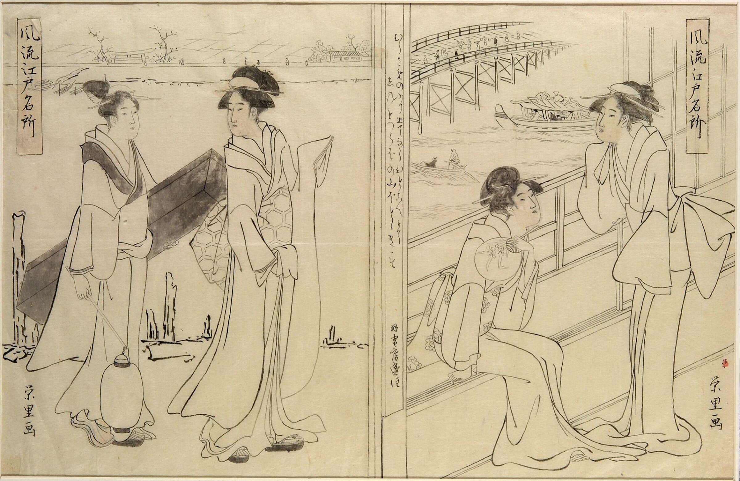 Two pairs of beauties - one at a window, the other taking a walk, Chôkyôsai Eiri, ca.1795-ca.1796