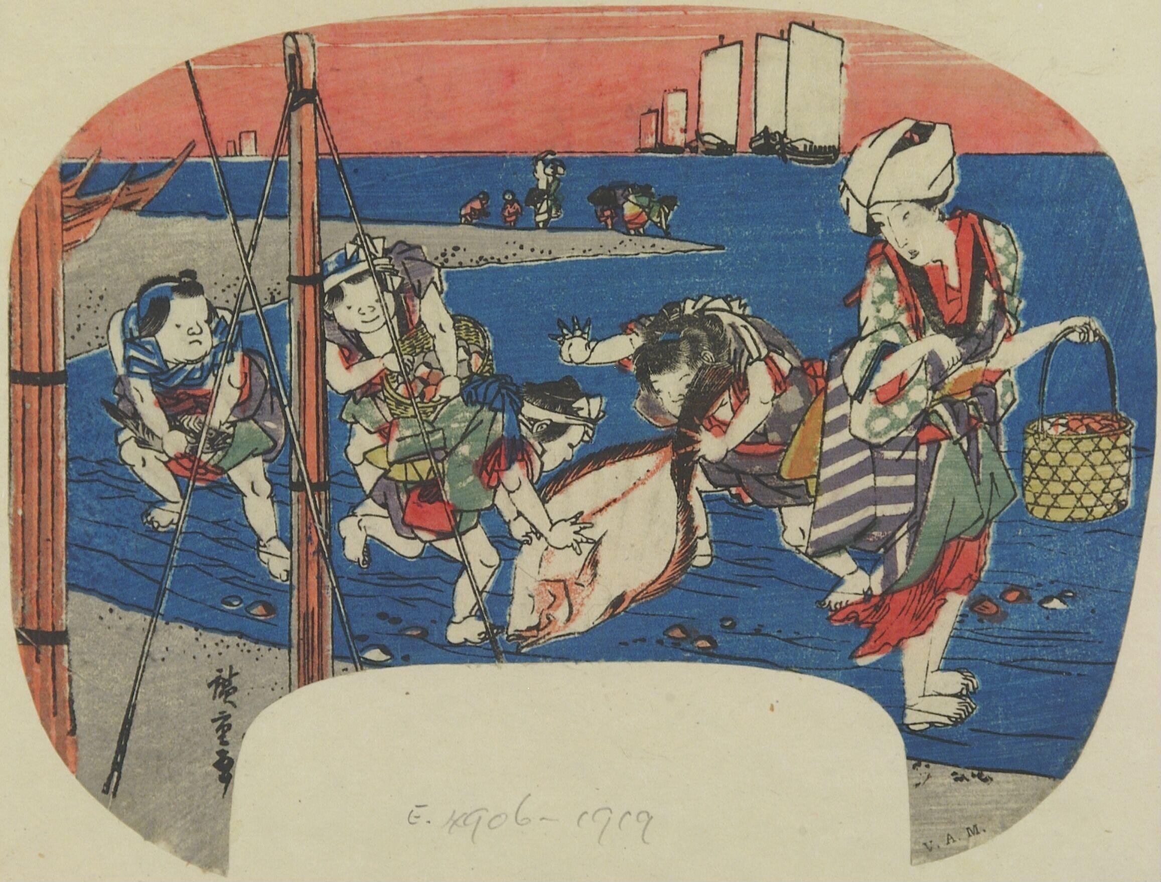 Woman and Children by the Sea by Utagawa Hiroshige — Japanese Print, ca. 1835