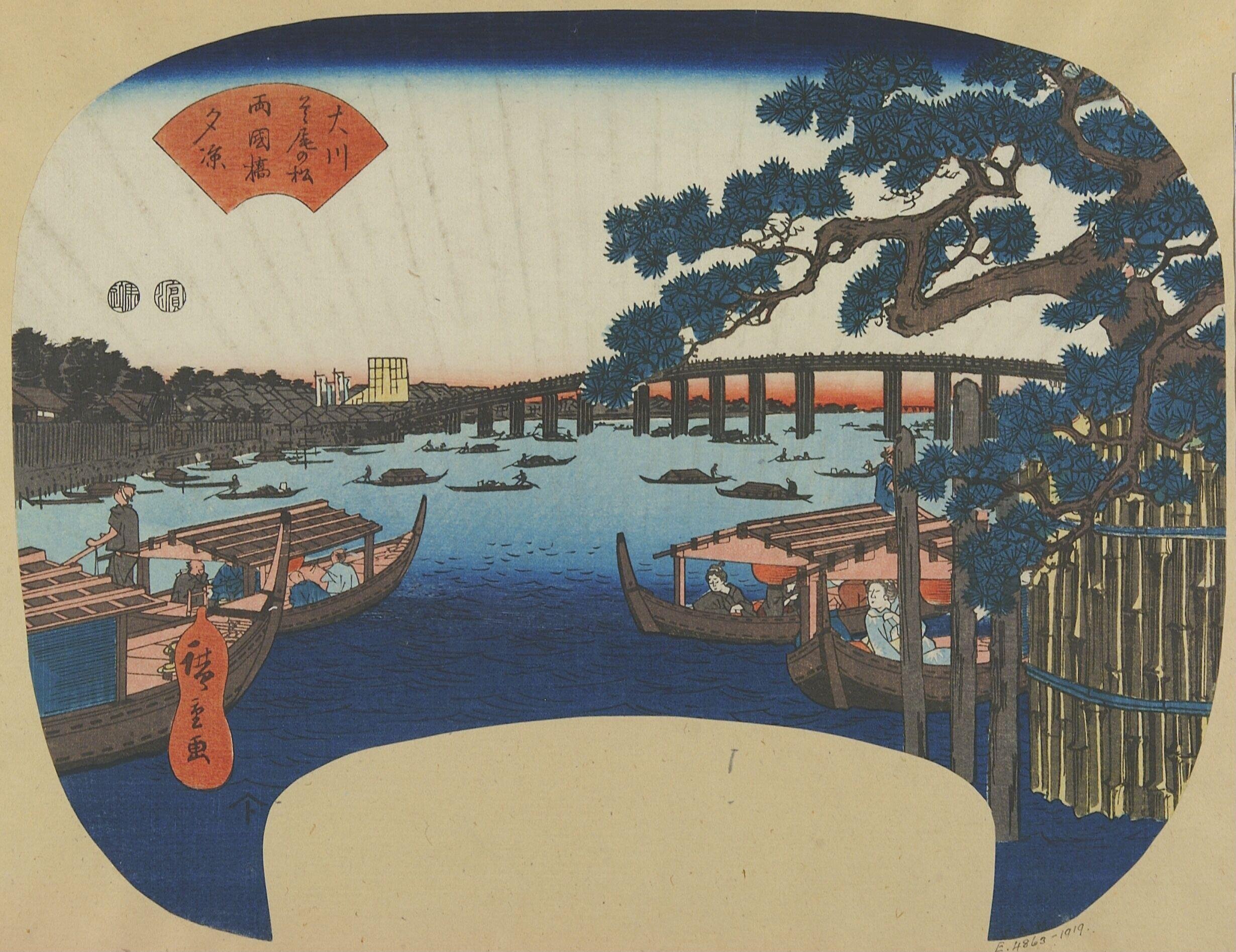 Evening Cool and the Ryogoku Bridge Seen from the Shubi Pine Tree at Okawa by Utagawa Hiroshige — Japanese Print, 1849-1852