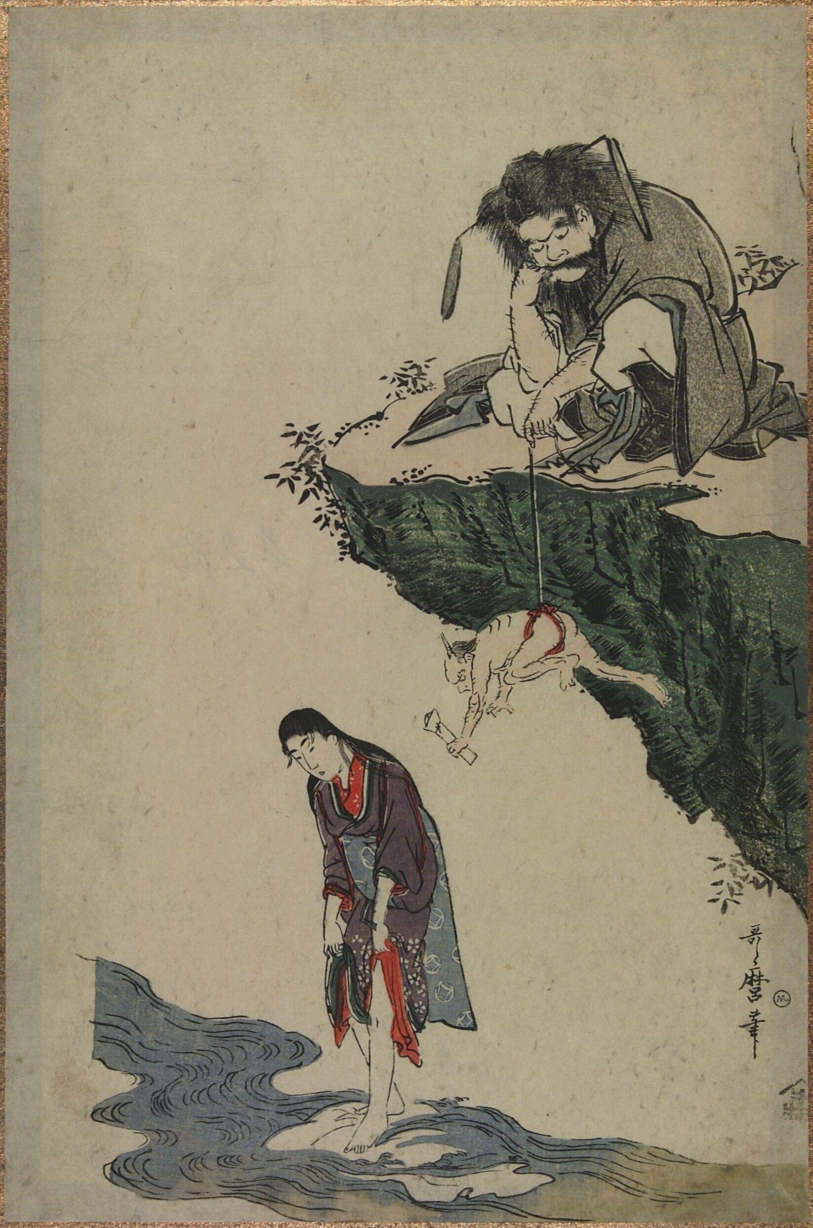 'Shoki lowering a demon on a rope to deliver a love-letter to a washer woman' by Kitagawa Utamaro
