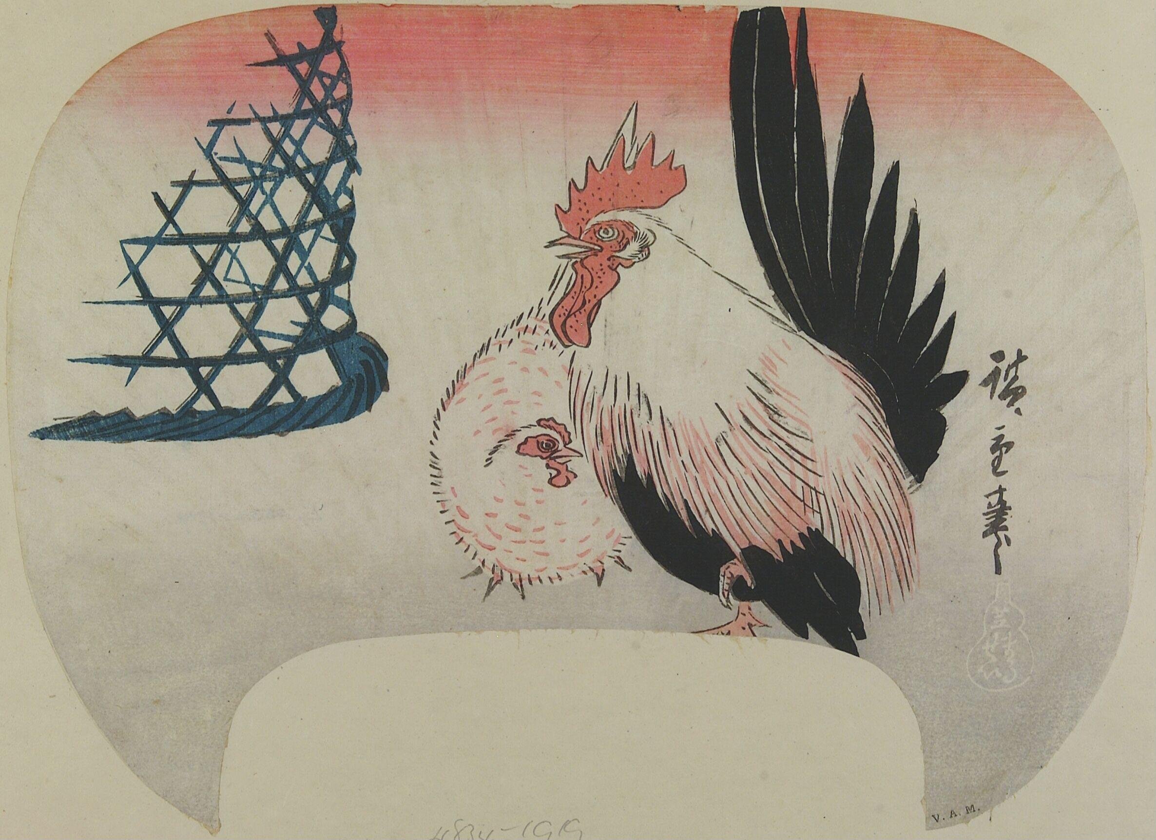 Cockerel, Hen and Basket by Utagawa Hiroshige