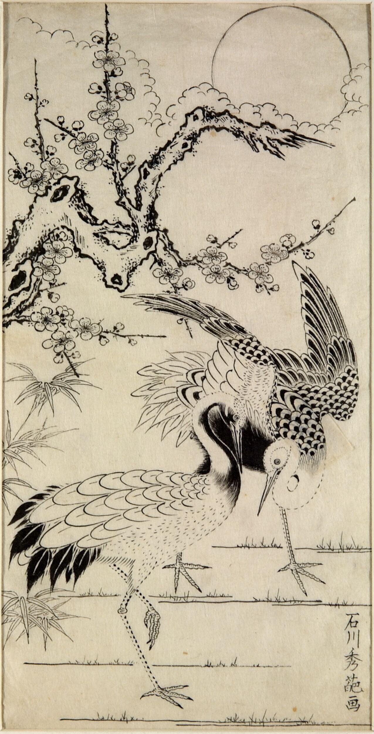 Two Cranes and a Plum Tree by Ishikawa Toyonobu