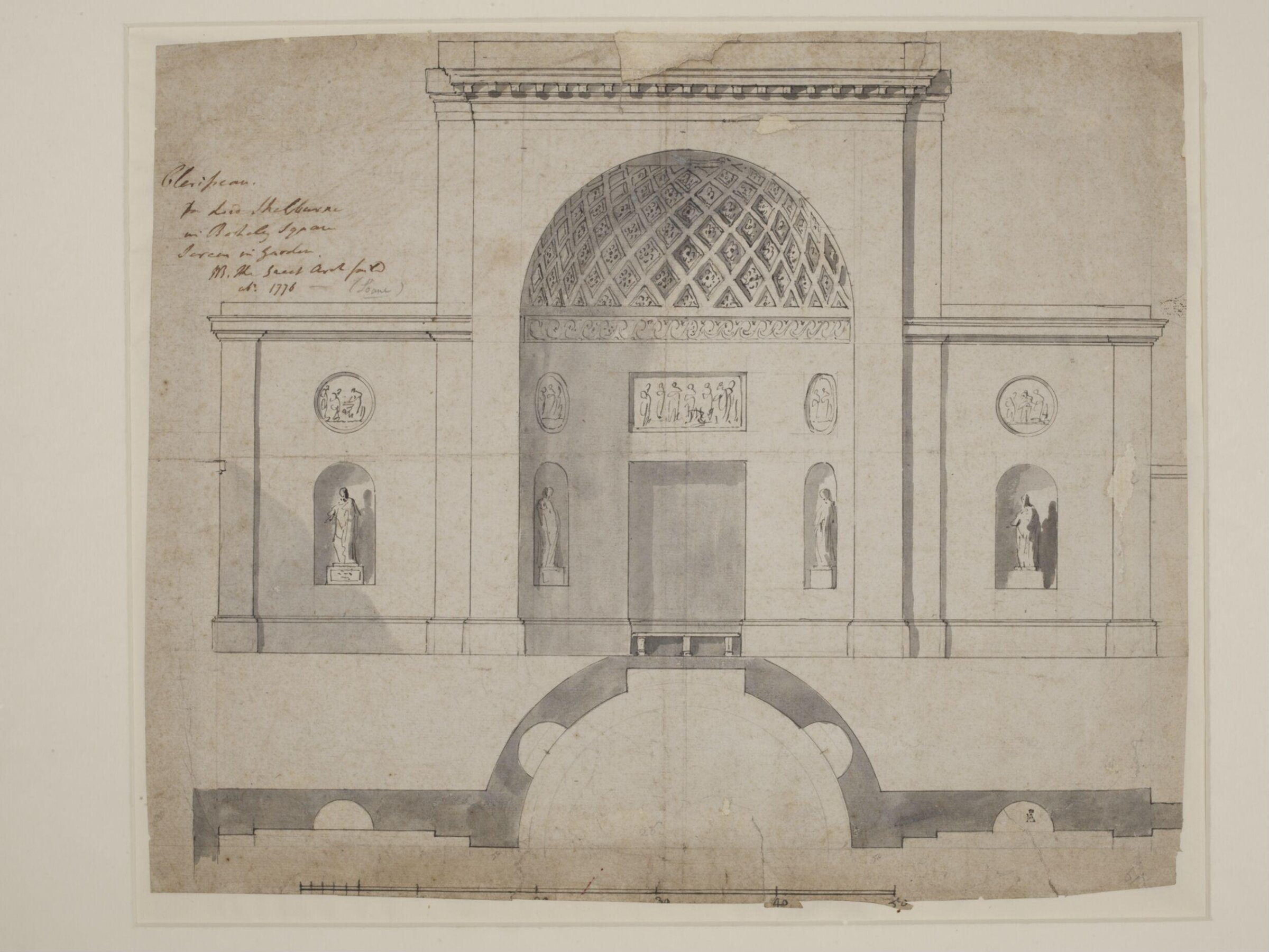 Plan and elevation of garden alcove and screen wall at Lansdowne House, Berkeley Square, John Soane, late 18th century-first half of 19th century