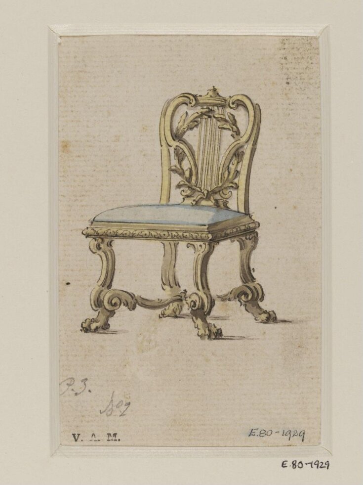 Design for a lyre-back chair from; A Miscellaneous Collection of Original Designs, made, and for the most part executed, during an extensive Practice of many years in the first line of his Profession, by John Linnell, Upholserer Carver & Cabinet Maker. Selected from his Portfolios at his Decease, by C. H. Tatham Architect. AD 1800. top image