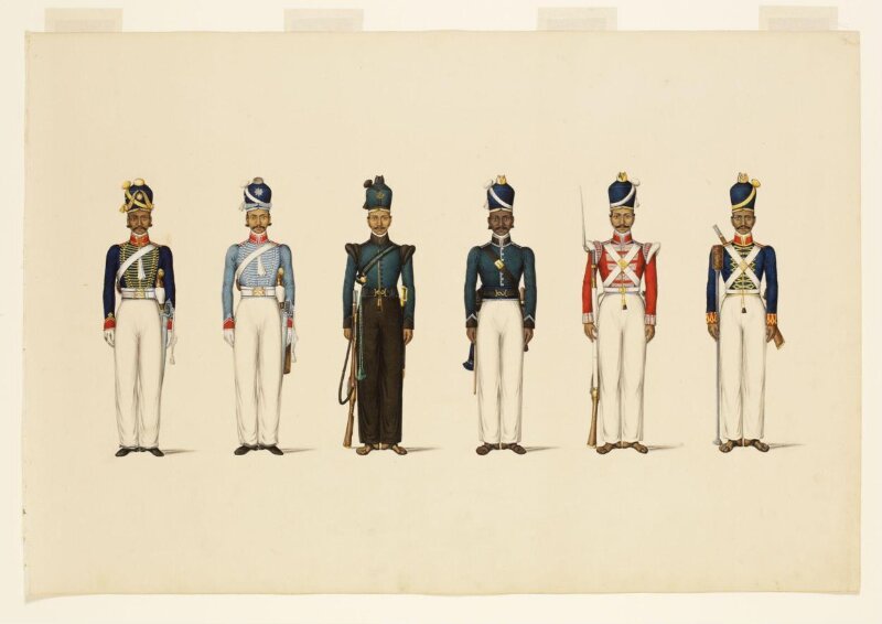 Six figures depicting military uniforms