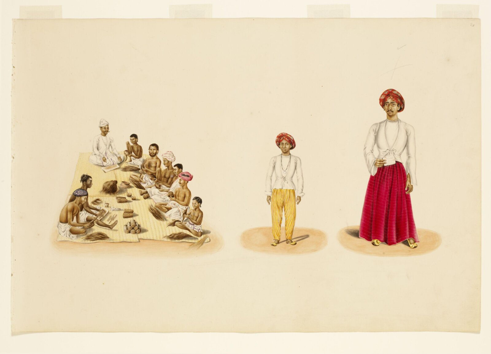 7 seated men making bidis (cigarettes), ca. 1830