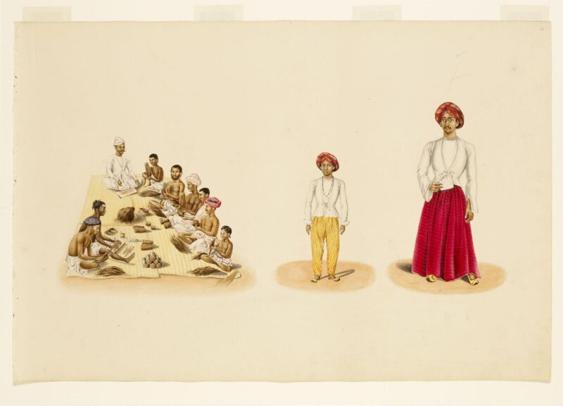 7 seated men making bidis (cigarettes)