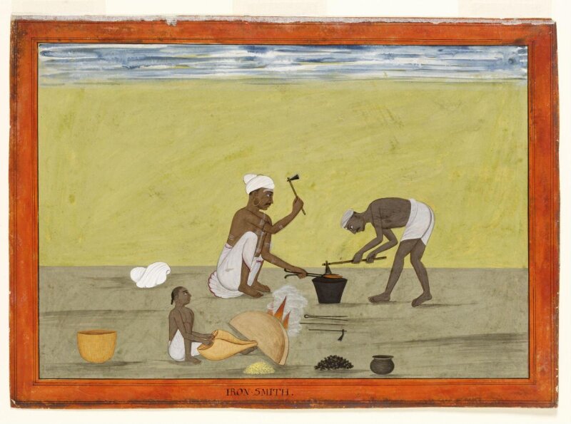 A blacksmith and his assistant