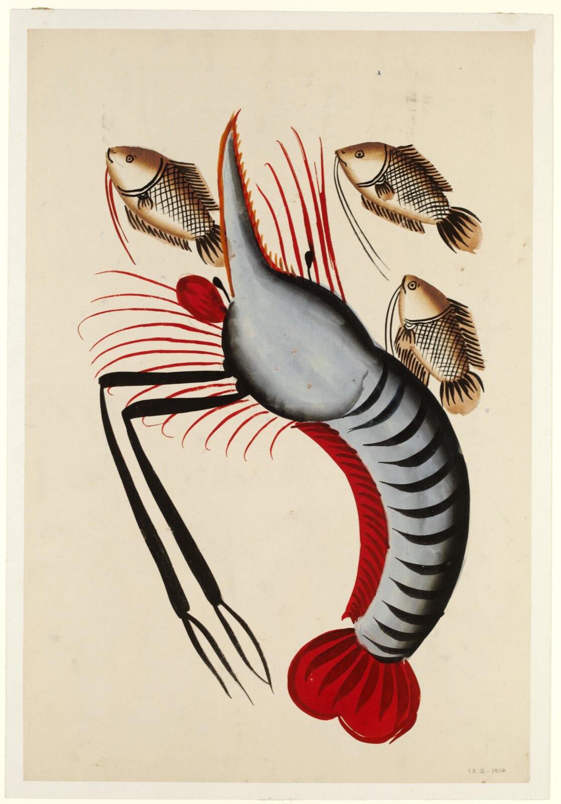 Prawn with three fishes, ca. 1940