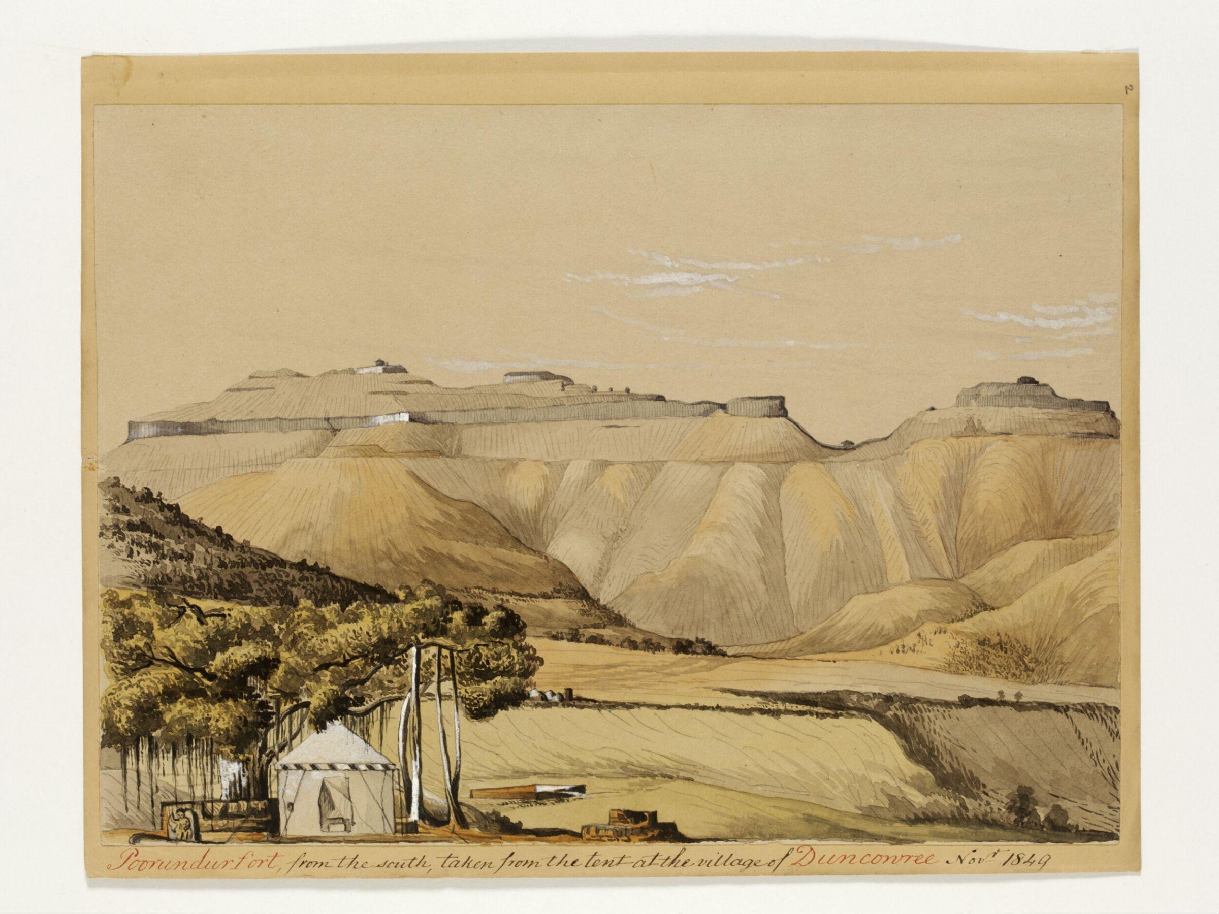 Poorundur Fort from the south, Henry Francis Ainslie, November 1849