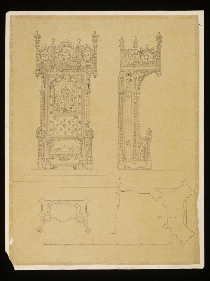 Plan, front elevation, side elevation, and two details of mouldings of the Speaker's Chair top image