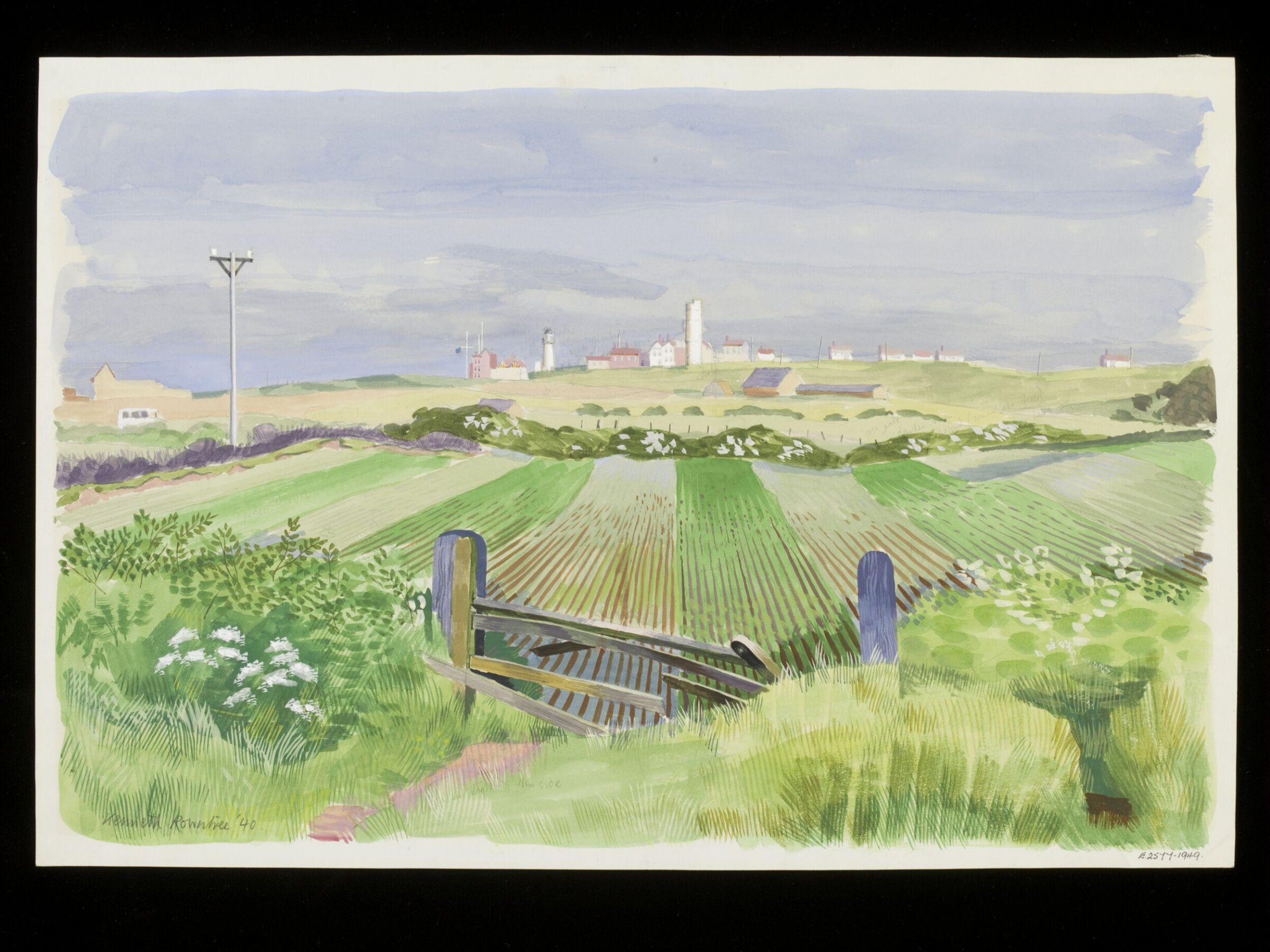 View across the fields of the old and new Lighthouses and signal station, Flamborough, Rowntree, 1940