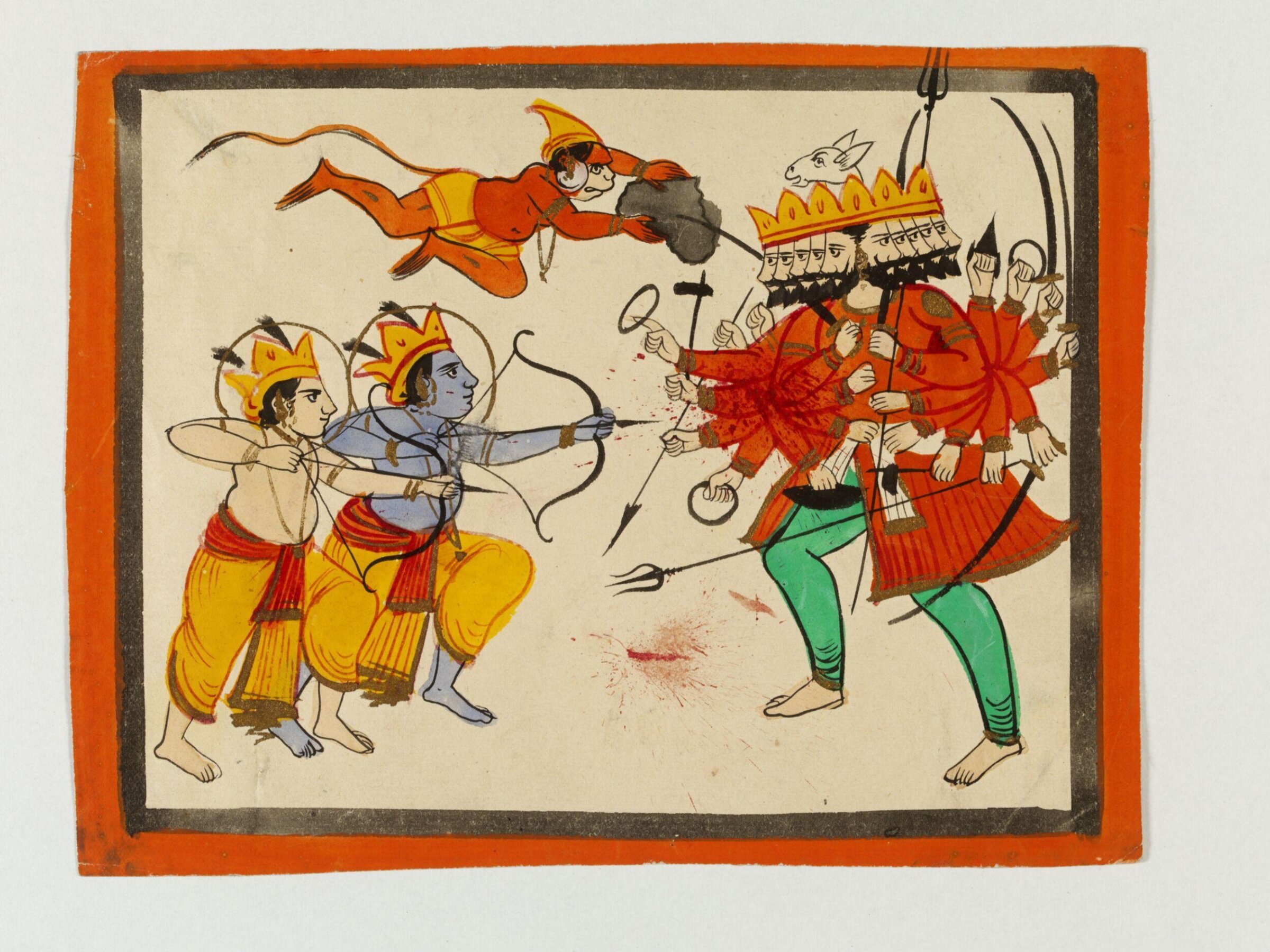 Rama and Lakshman fighting Ravana with Hanuman, late 19th century