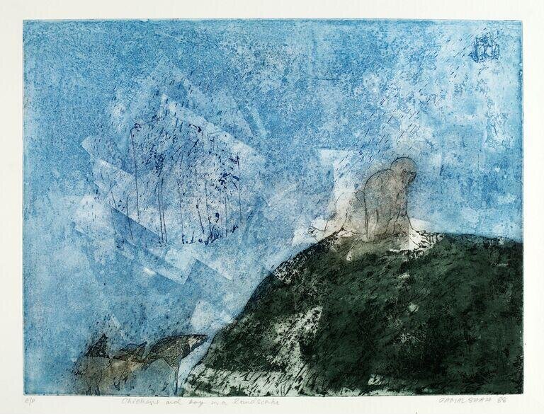 Chicken and a boy in a landscape
