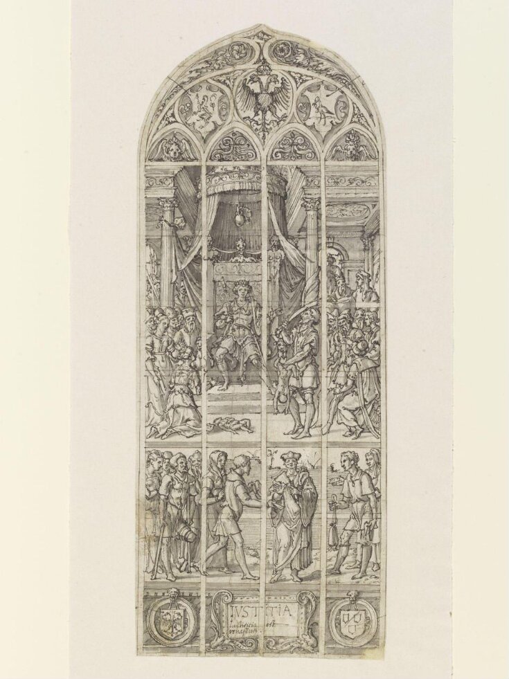 Design for a stained-glass window in the St Jacobskerk, the Hague, with the Judgement of Solomon (I Kings 3:16–28) and possibly the Parable of the Unmerciful Servant (Matthew 18:23–35),   top image